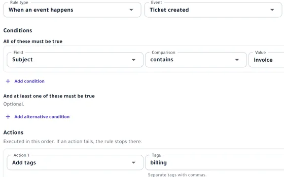 Automation rule editor: a condition on the ticket subject and an add-tags action
