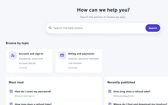 Public help center: article search and browsing by topic