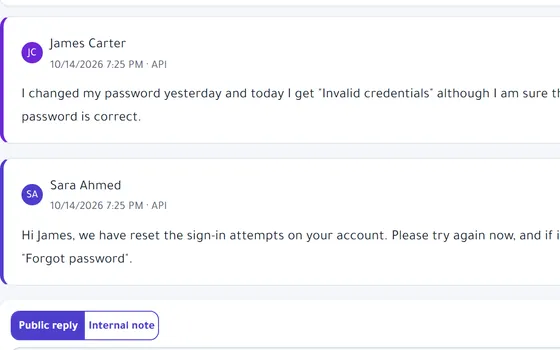 Ticket screen: the customer message, the agent reply and the reply editor