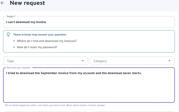 New request form in the portal: subject, type, category and description