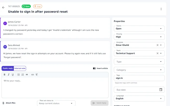 A customer ticket: the conversation, the reply box and the ticket properties